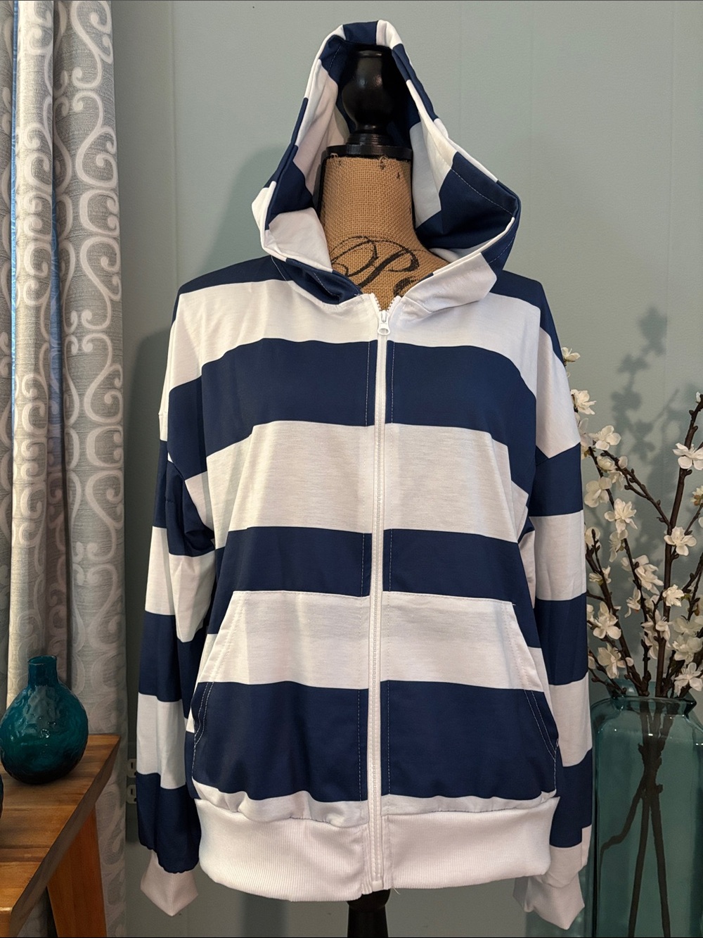 Scuffers Navy and White Striped Hooded Sweatshirt